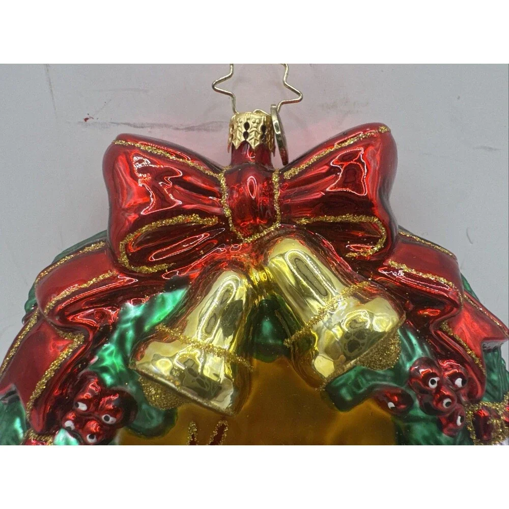 Christopher Radko Bells Bow Evergreen Wreath Textured Glass Christmas Ornament
